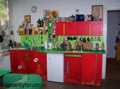 Красные шкафы на кухни.